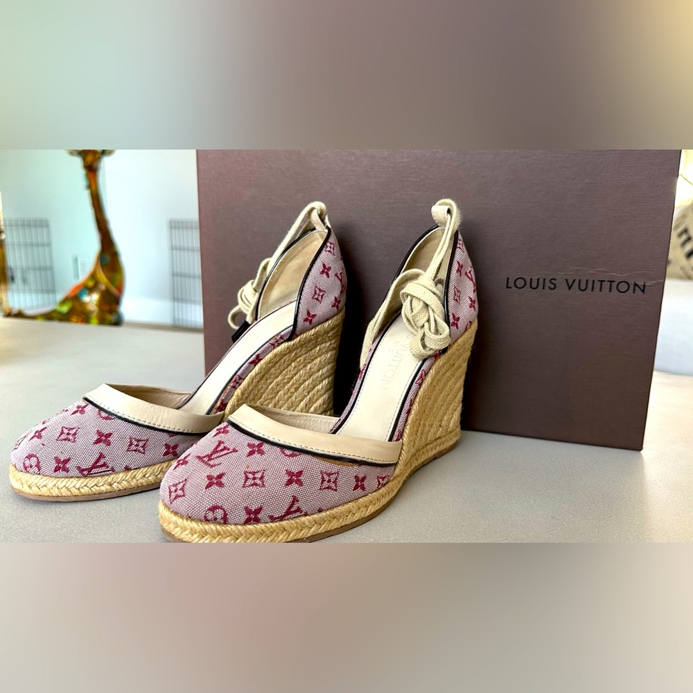 Louis Vuitton Pink Monogram Canvas and Leather Starboard Espadrille Wedge Pumps